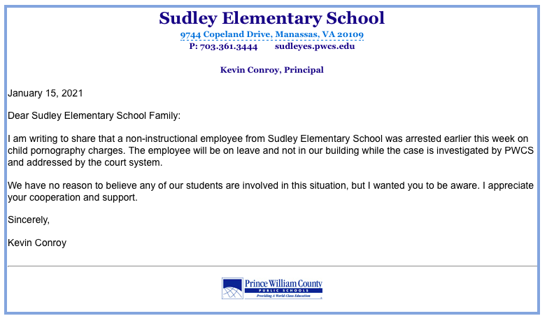 Sudley Elementary School email about child pornography arrest